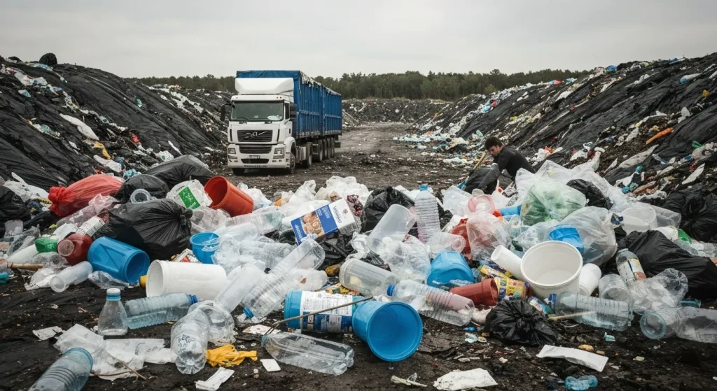 O grămadă mare de deșeuri de plastic nesortate, cu ambalaje de unică folosință, lângă un container de gunoi supraaglomerat.