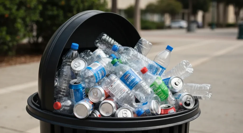 Un număr mare de centre de reciclare închise în California, cu sticle și doze aruncate pe jos.