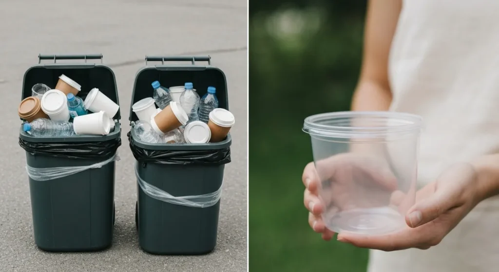 Un coș de gunoi supraaglomerat cu deșeuri de plastic de unică folosință, alături de un recipient reutilizabil gol.
