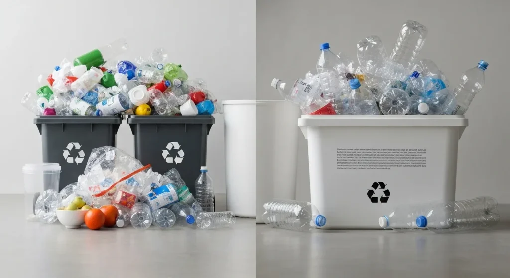 Coșuri de gunoi pline cu materiale reciclabile amestecate și ambalaje din plastic aruncate.