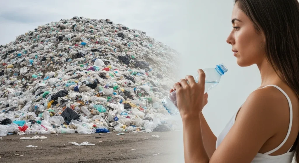 Un morman mare de deșeuri din plastic în contrast cu o persoană care refuză o sticlă de plastic de unică folosință.