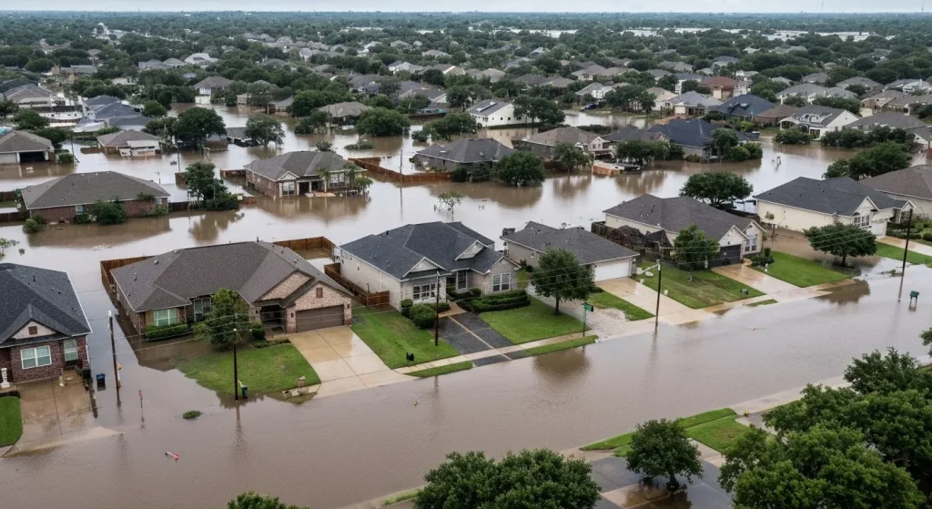 O imagine a unei zone rezidențiale din Houston, cu case și străzi inundate după un uragan.