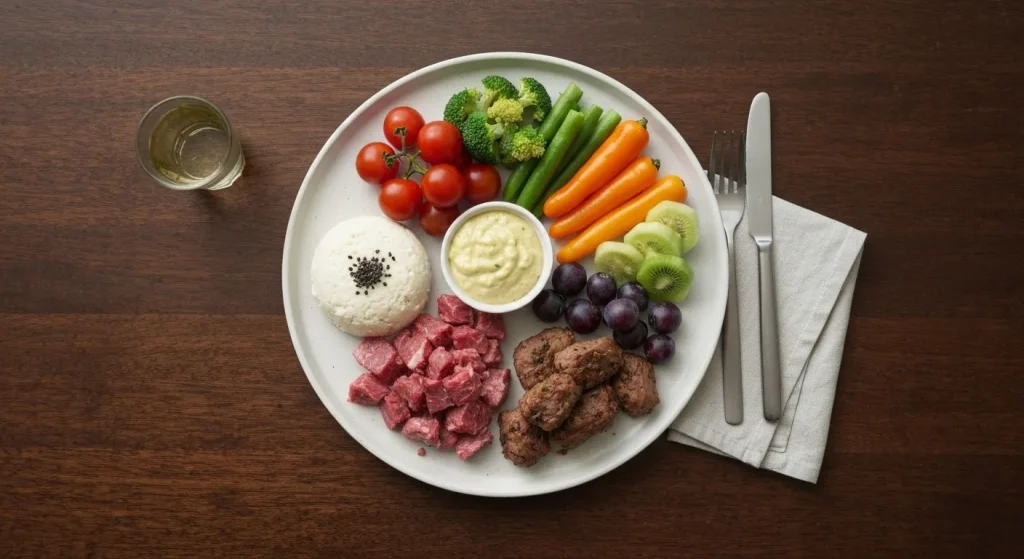 O comparație între o farfurie cu multă carne și o farfurie cu mai multă mâncare pe bază de plante.