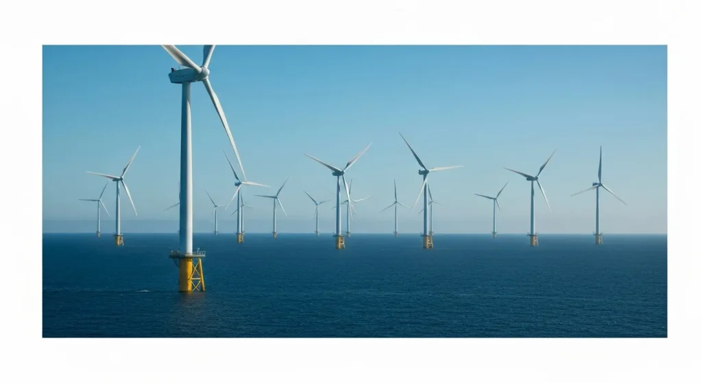 Fermă eoliană offshore modernă, cu numeroase turbine înalte și apa mării în fundal.