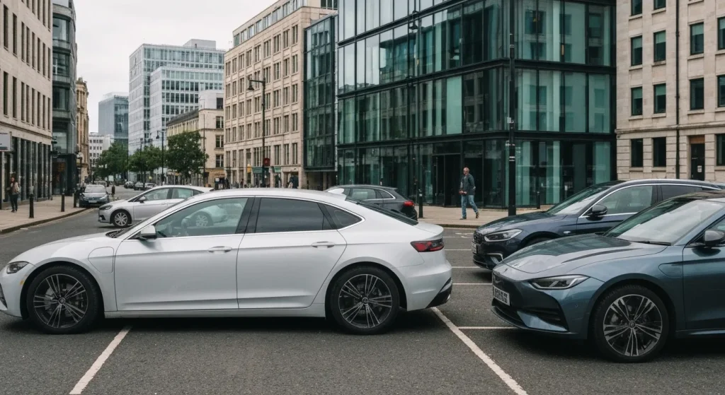 O imagine a unor vehicule electrice parcate într-un oraș modern, cu clădiri înalte în fundal.