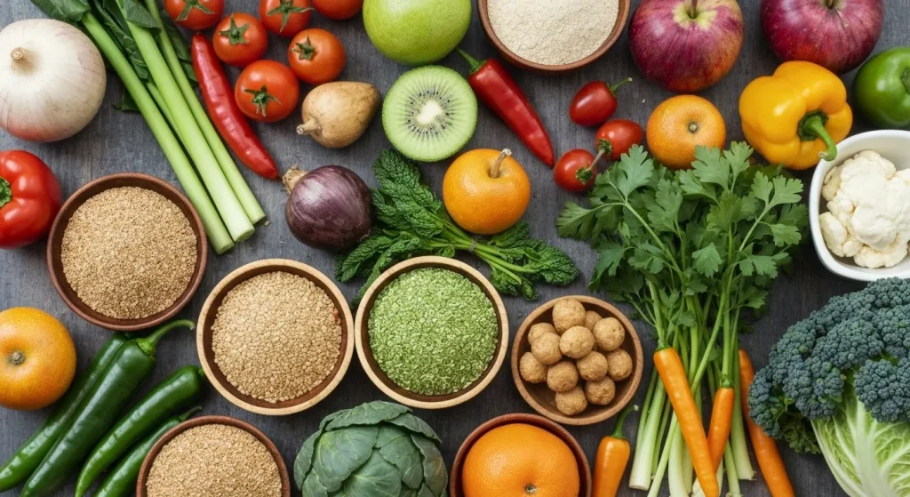 O varietate de fructe și legume proaspete, colorate și abundente.