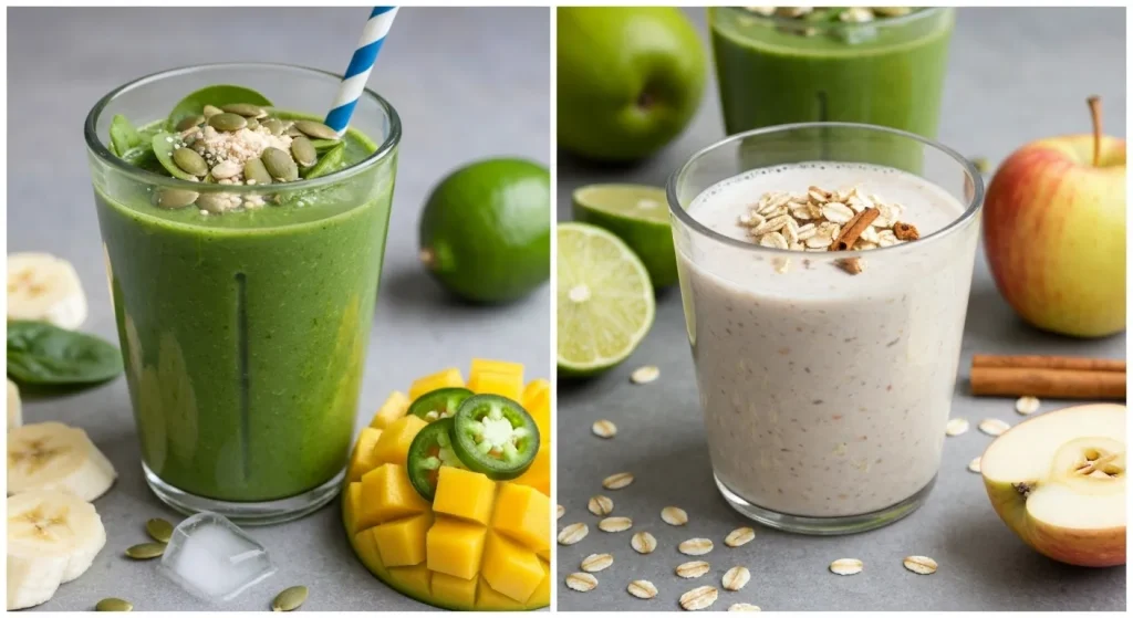 Un smoothie verde cu spanac, banană și unt de migdale, servit într-un pahar înalt.