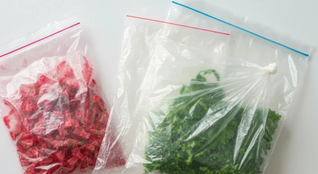 O comparație între o pungă de plastic convențională, o pungă biodegradabilă și o pungă oxo-degradabilă, evidențiind diferențele în textură și aspect.