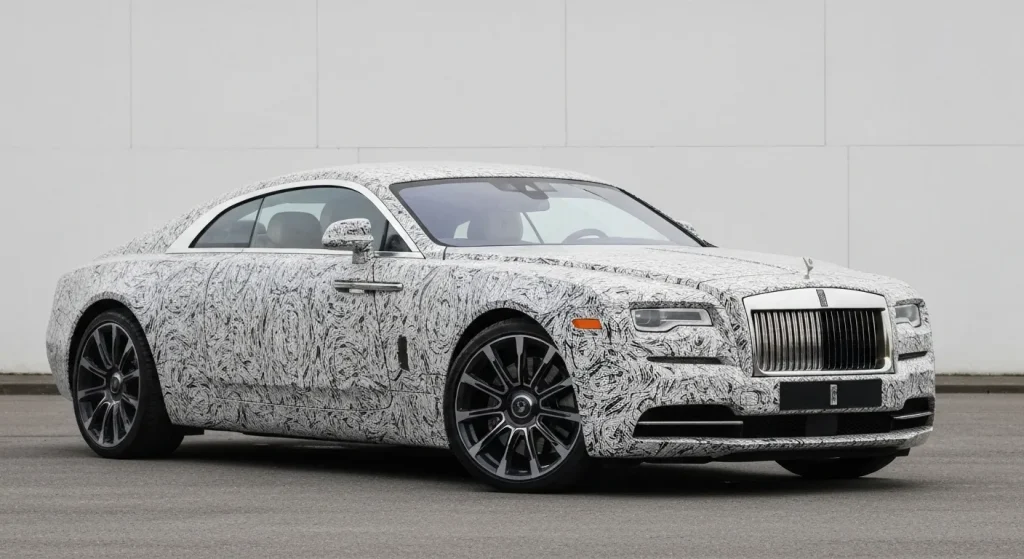 O imagine camuflată a unui automobil coupe Rolls-Royce, cu două uși.