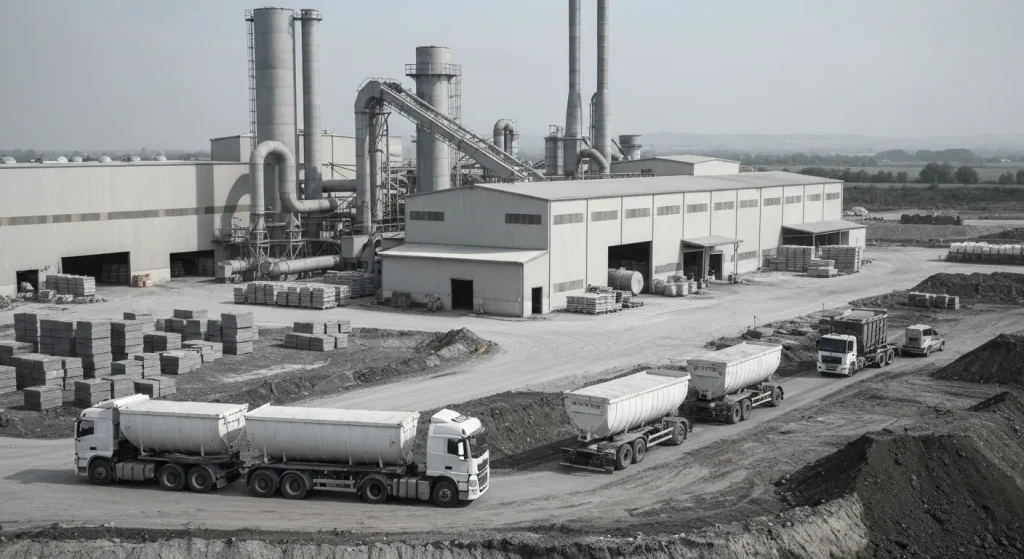 O imagine care prezintă procesul de producție și transport a materialelor de construcții, evidențiind emisiile de carbon generate.