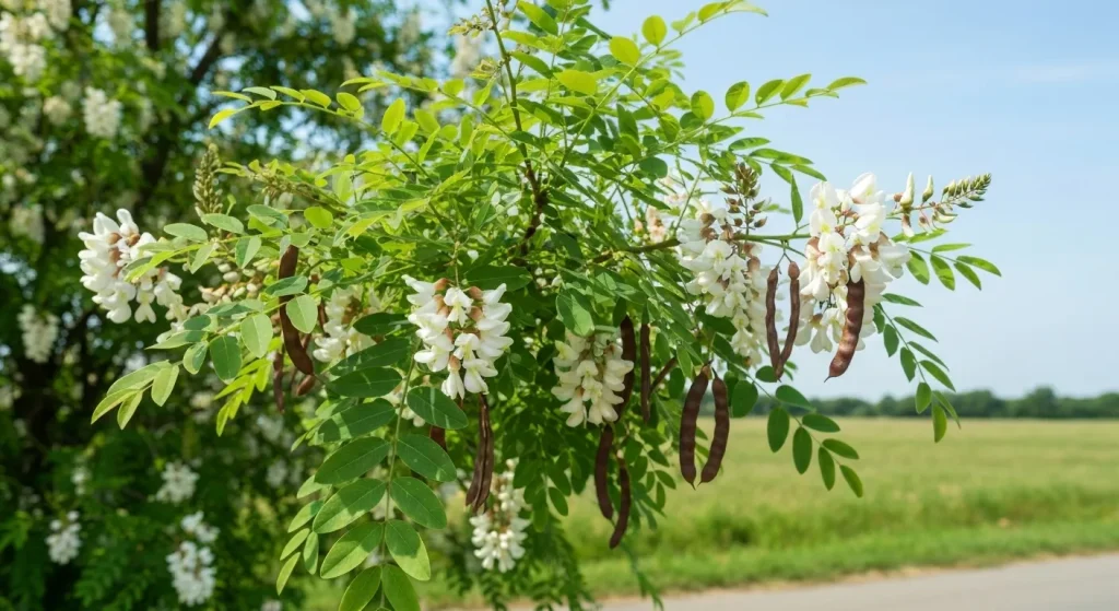 Un arbore de salcâm negru (Robinia pseudoacacia) cu flori albe, frunze lungi și spini mici pe ramuri.