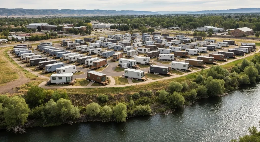 Un complex de case mici situate pe malul unui râu, cu clădiri comunitare în apropiere.