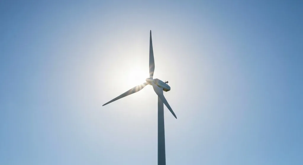 Turbine eoliene puternice generând energie electrică într-o zi însorită.