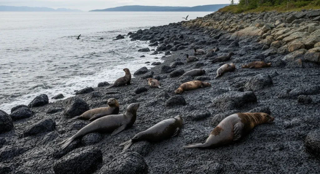 Petrolul deversat din Exxon Valdez acoperă țărmul stâncos al Prince William Sound, Alaska, afectând viața sălbatică.