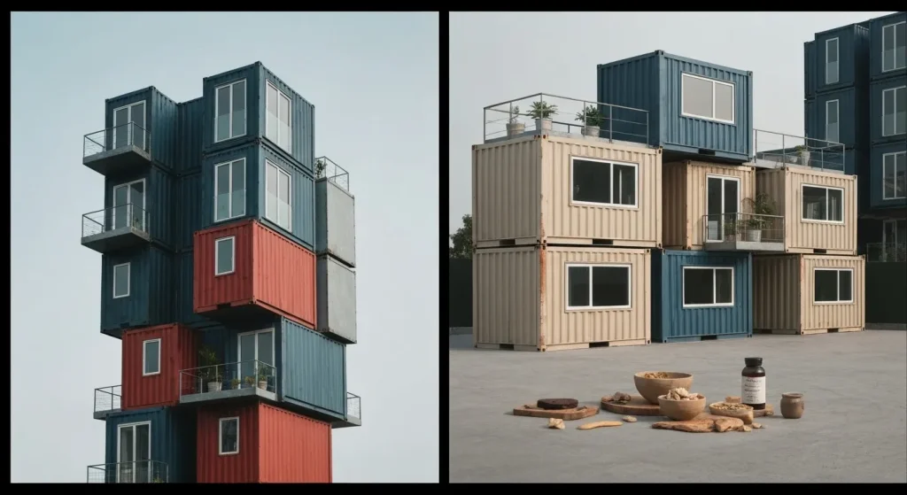 Clădiri înalte rezidențiale construite din containere maritime stivuite, unele prezentând un design modular pe platformă.
