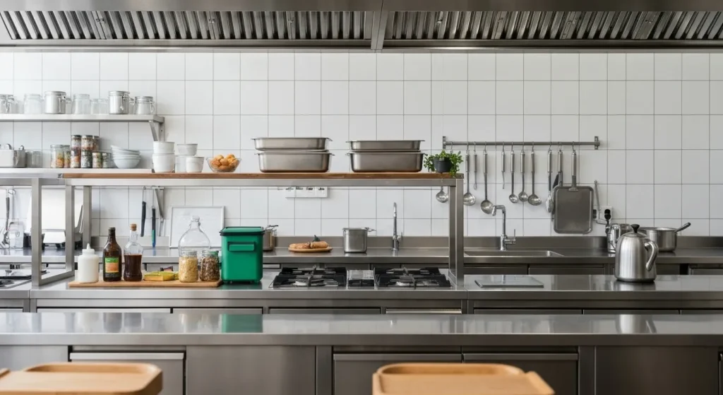 Bucătărie comercială modernă, curată și eficientă, cu echipamente din inox și un design minimalist.