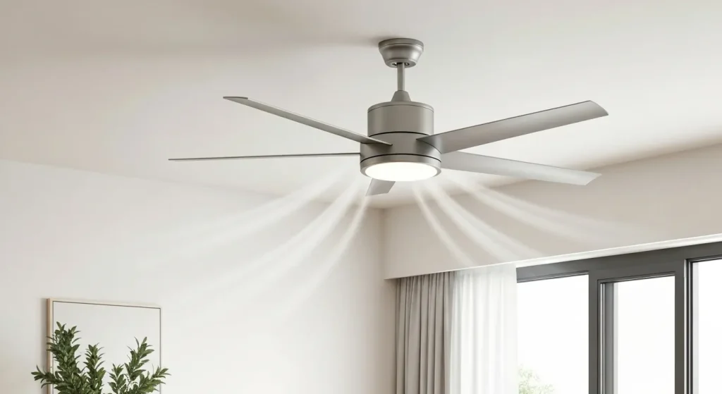 Un ventilator de tavan modern, în mișcare, într-o cameră luminoasă.
