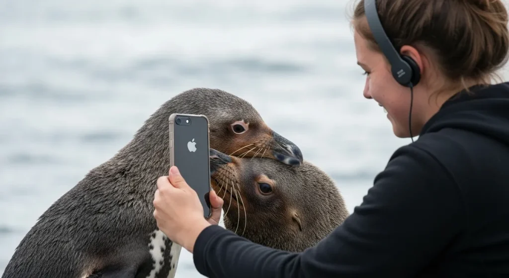 O persoană se apropie de un animal sălbatic pentru a face o fotografie.