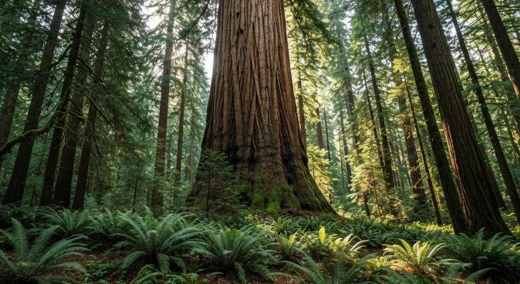 Un copac uriaș de sequoia, cu trunchiul gros, acoperit cu mușchi și ferigi, într-o pădure densă.