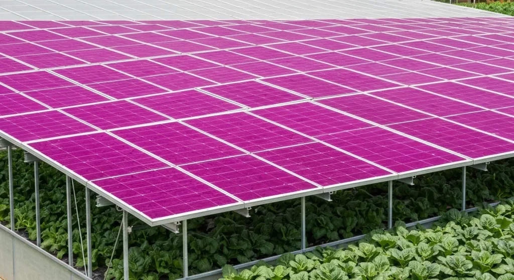 Panouri solare magenta pe acoperișul unei sere, permitând luminii să treacă prin ele.