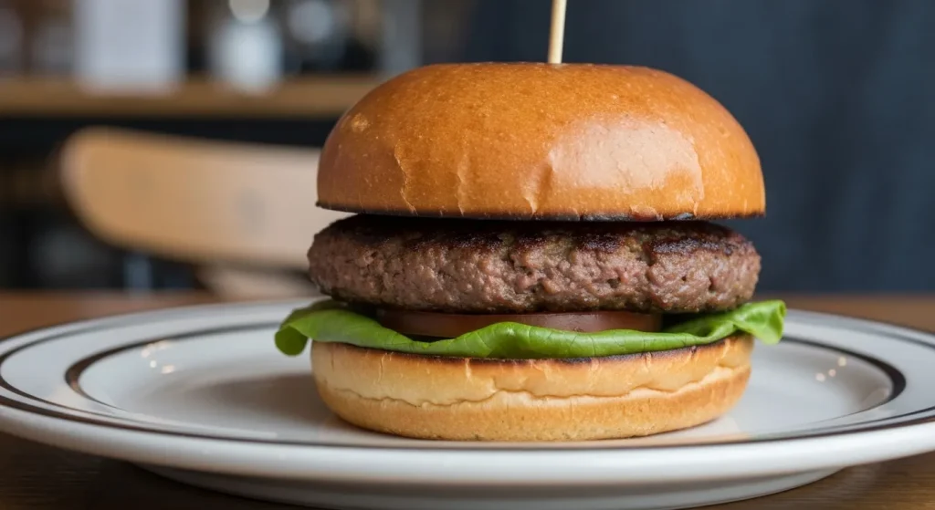 Un burger vegetarian Impossible, cu interior roz și exterior crocant, servit pe o farfurie într-un restaurant.