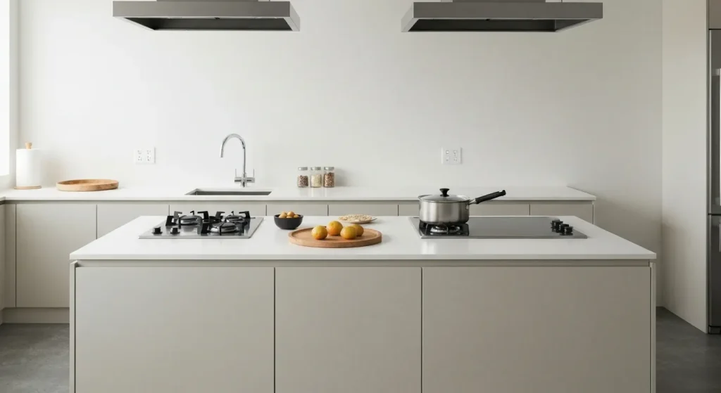 O bucătărie minimalistă modernă, fără electrocasnice tradiționale, sugerând un sistem de comandă a mâncării.
