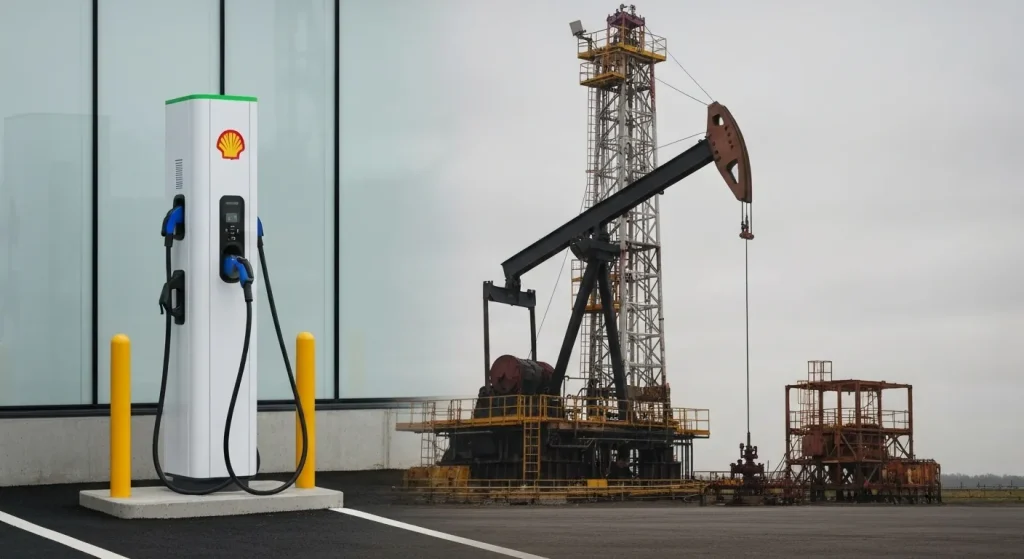 O imagine care prezintă o stație de încărcare pentru vehicule electrice modernă alături de o platformă petrolieră tradițională.