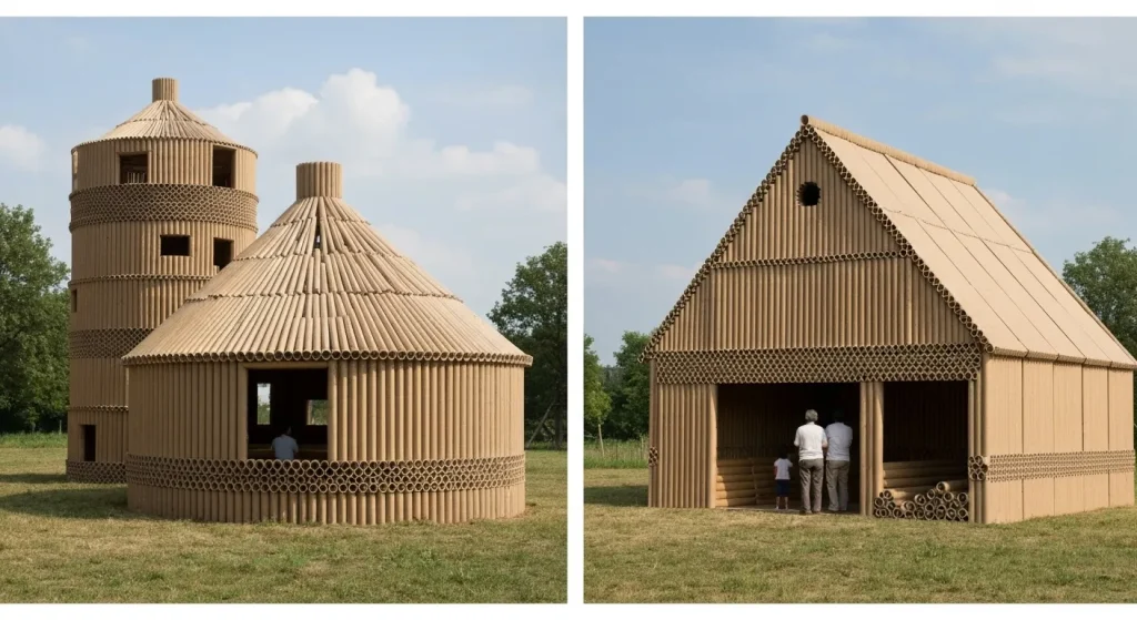 O structură temporară din carton, construită după un dezastru natural, oferind adăpost și spațiu comunitar.