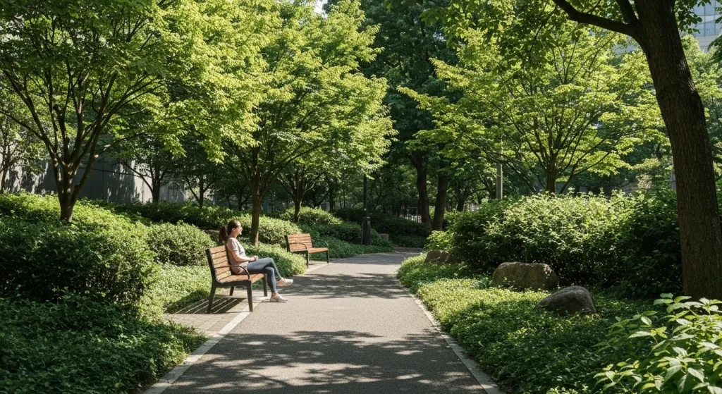 O persoană relaxată pe o bancă într-un parc urban, înconjurată de verdeață.