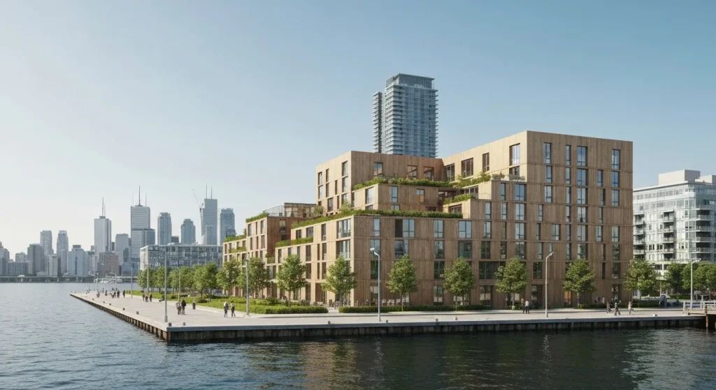Un teren contaminat pe malul lacului Ontario, în Toronto, propus pentru o dezvoltare urbană ecologică cu clădiri din lemn.