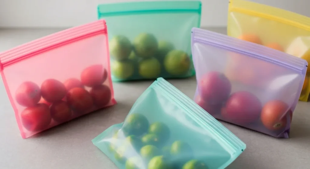 Pungi de silicon colorate, transparente, umplute cu fructe și legume proaspete, așezate pe un fundal neutru.