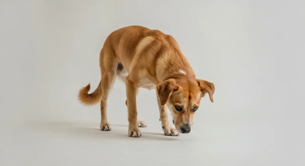Un câine cu capul plecat, coada între picioare, stând într-o poziție supusă.