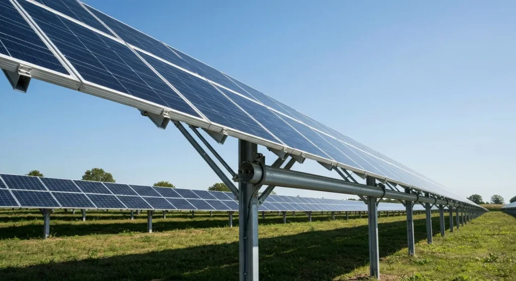 O matrice de panouri solare montate pe sol, cu un sistem de urmărire solară cu două axe, orientate spre soare.