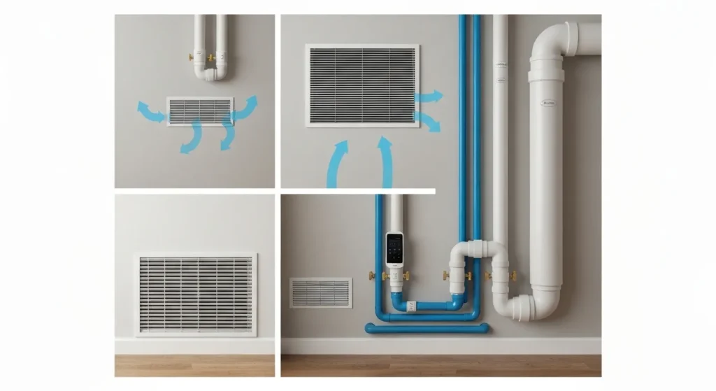 Sistem de ventilație inteligentă pentru casă, cu conducte și ventilatoare deschise și închise.