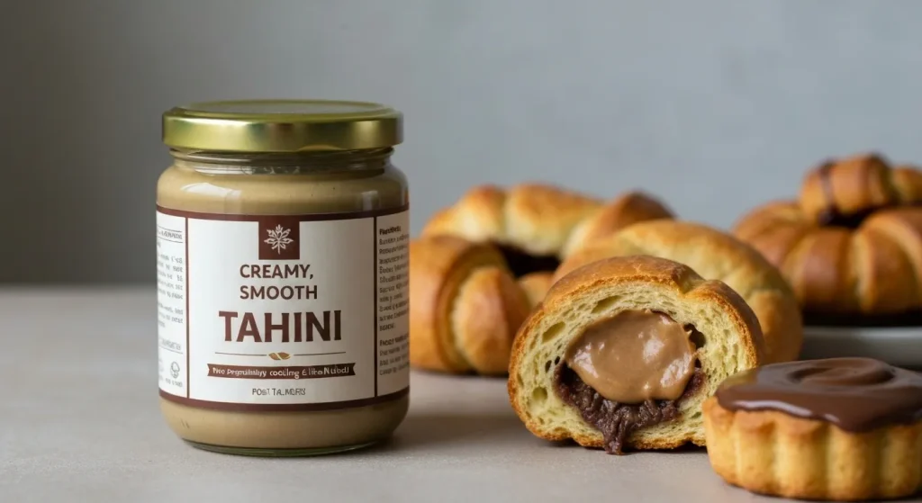 Un borcan de tahini cremos și neted, alături de produse de patiserie.
