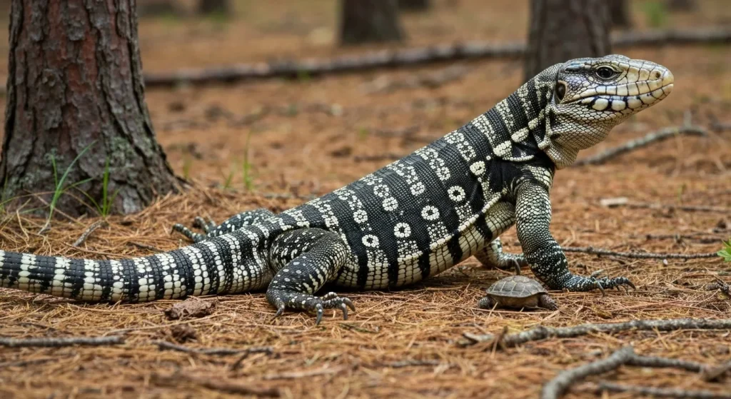 Un tegu argintiu adult, cu marcaje negre și albe, se află într-un mediu forestier.