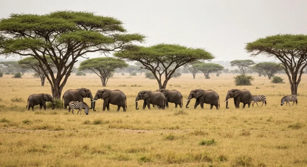 Elefanți africani hrănindu-se cu arbuști într-o savană extinsă.