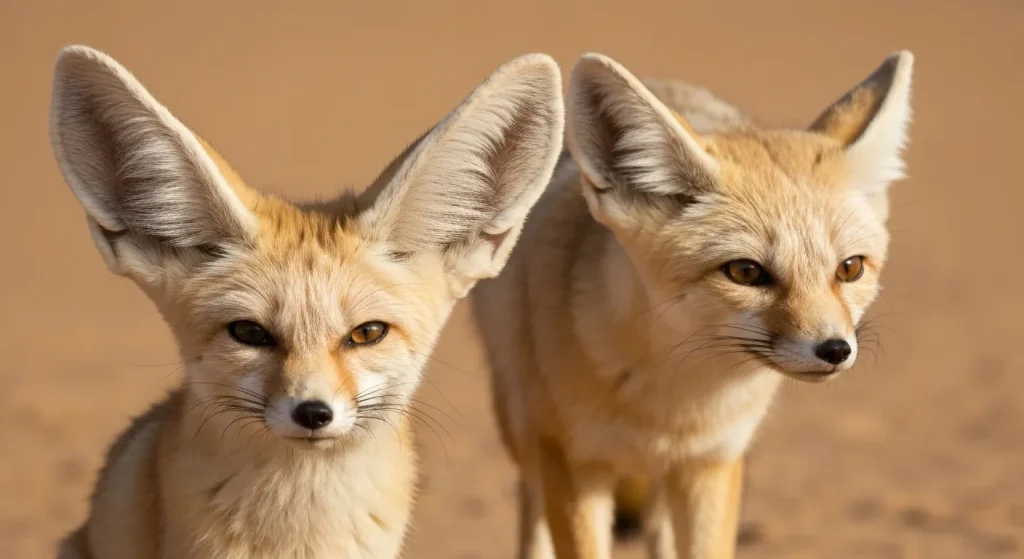 O imagine cu o vulpe fennec în deșert, cu o vulpe de nisip tibetană în fundal.