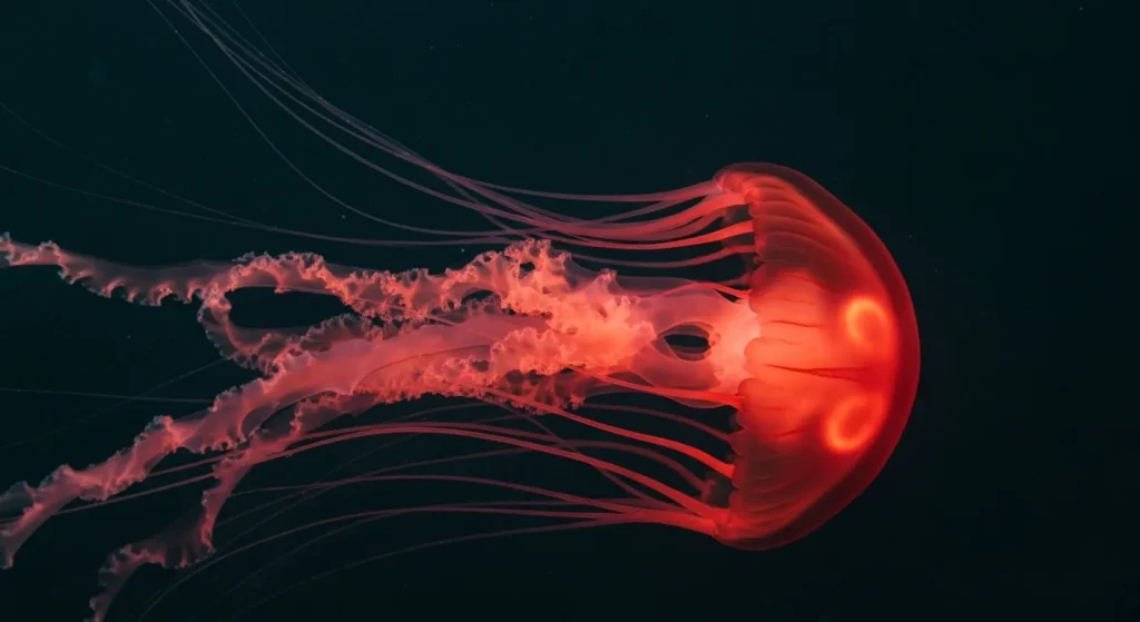 O meduză roșie mare, cu tentacule lungi, plutește în apele întunecate ale oceanului.