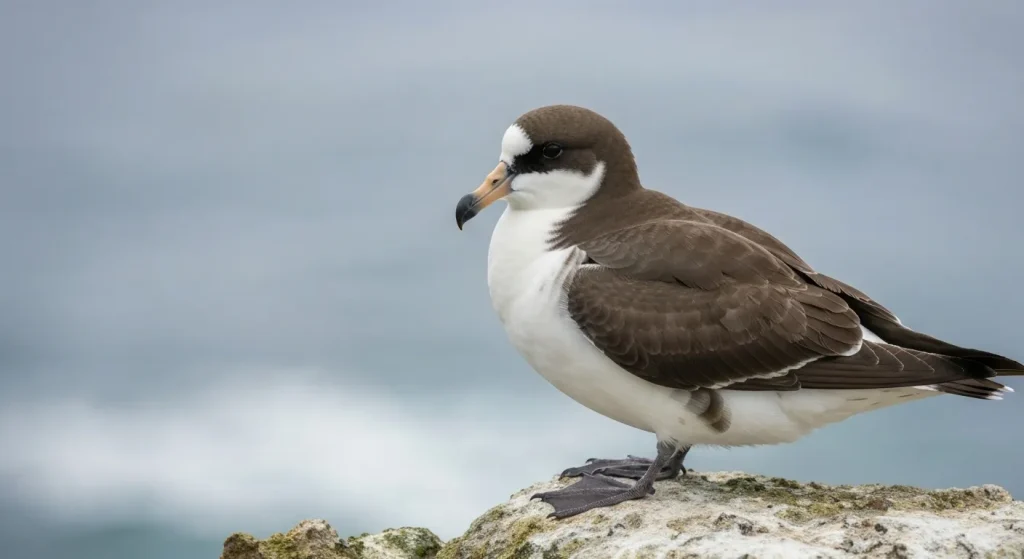 Un exemplar rar de prion oceanit, o pasăre marină, pe o stâncă stâncoasă.