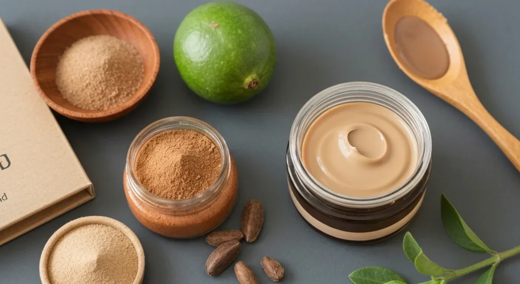 O imagine cu ingrediente cosmetice naturale și ambalaje ecologice, evidențiind sustenabilitatea și etica în industria frumuseții.