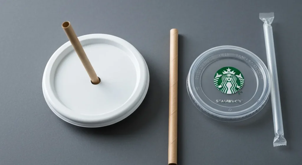 Un capac de cafea nou, fără pai, alături de un pai de hârtie compostabil și un pai de plastic uzat.