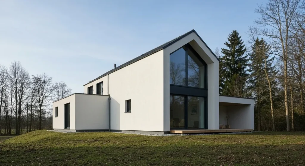 O casă modernă, cu pereți groși, ferestre mari și o arhitectură minimalistă, situată într-un peisaj natural.