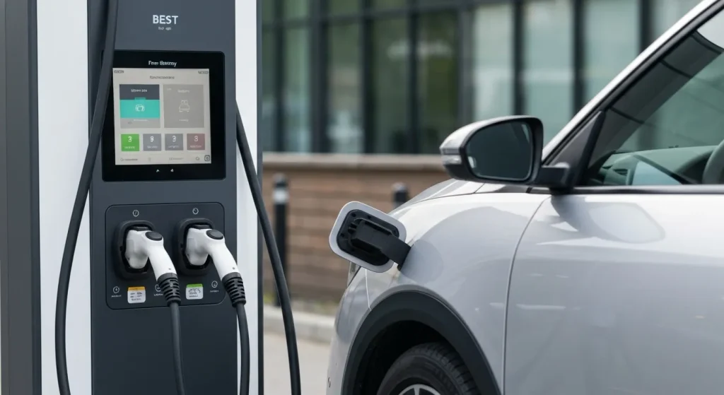 O mașină electrică conectată la o stație de încărcare publică, cu un ecran tactil și mai mulți conectori vizibili.