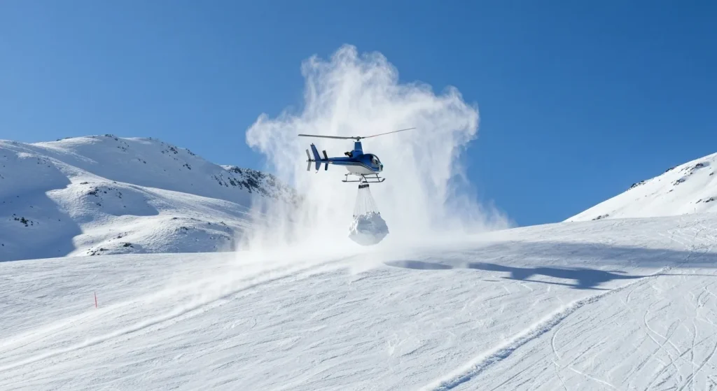 Un elicopter transportă zăpadă artificială pe pârtiile unei stațiuni montane.