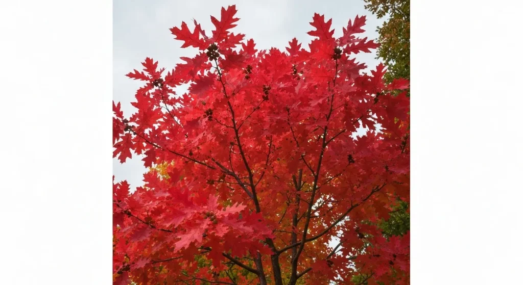 Un stejar stacojiu (Quercus coccinea) cu frunze roșii de toamnă, într-un peisaj.