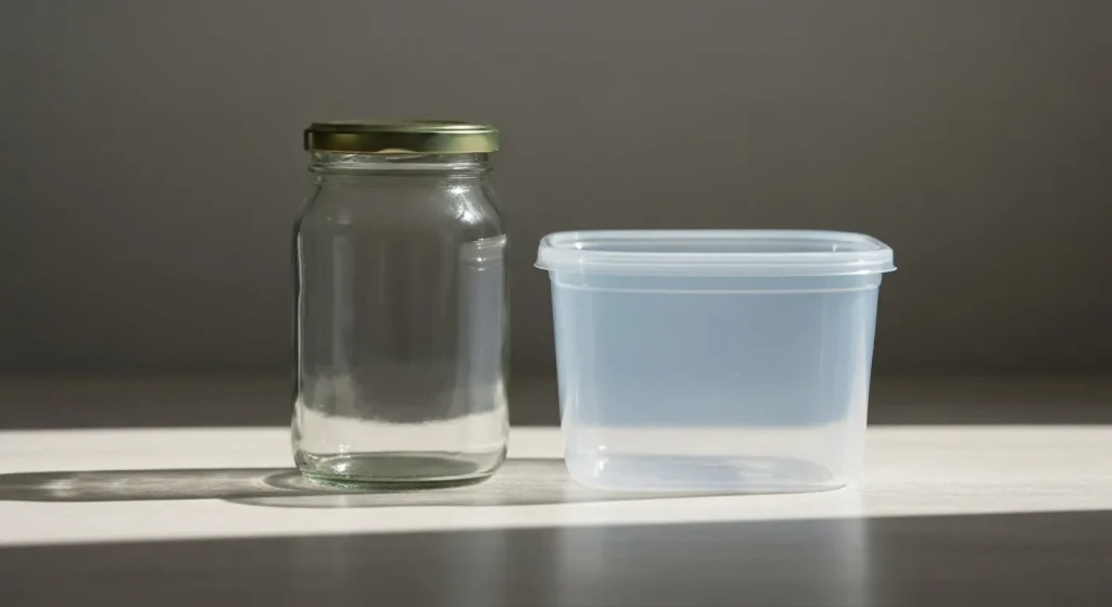 Un borcan de sticlă reciclabil și un recipient de plastic, ilustrând diferența în procesul de reciclare.