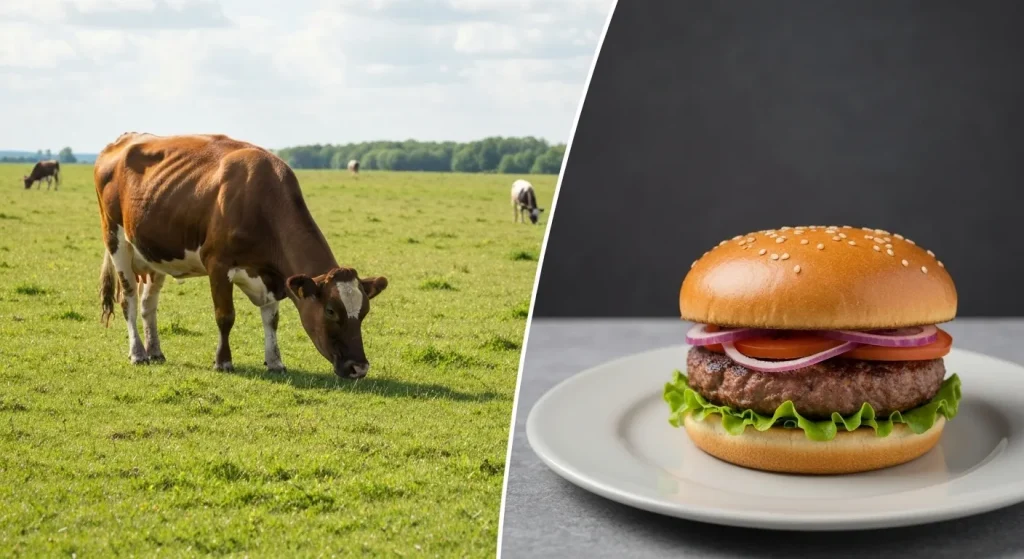 Un contrast între o vacă care paște pe un câmp verde și un hamburger pe o farfurie.