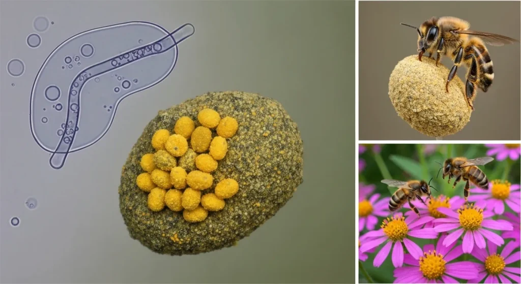 Polen acoperit cu pesticide, fungicide și o sporă de Nosema ceranae.