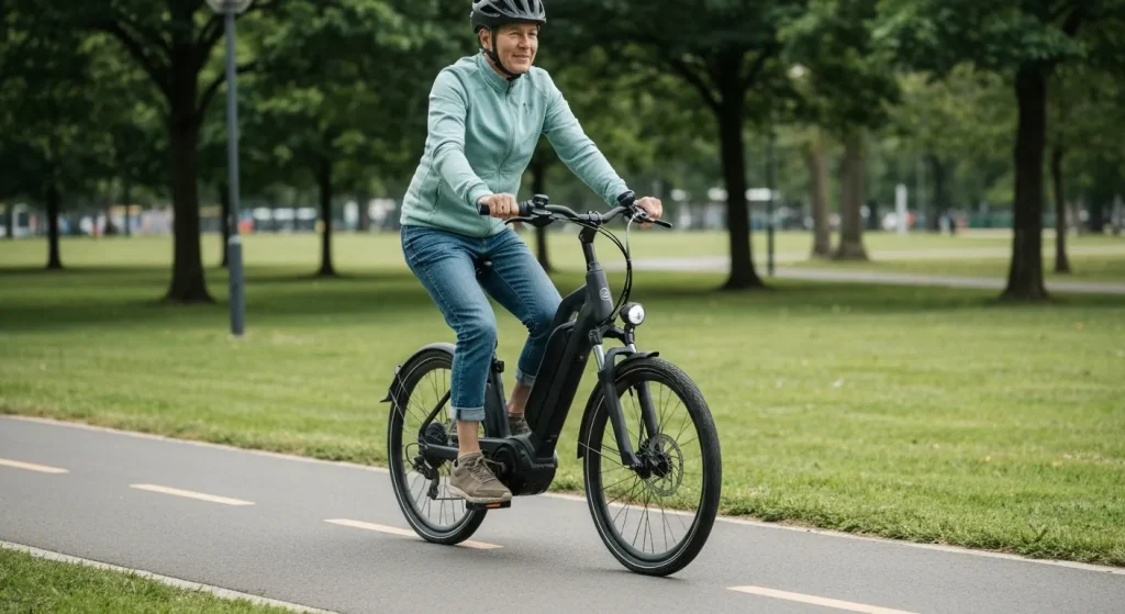 O persoană pe o bicicletă electrică pe o pistă de biciclete într-un parc.